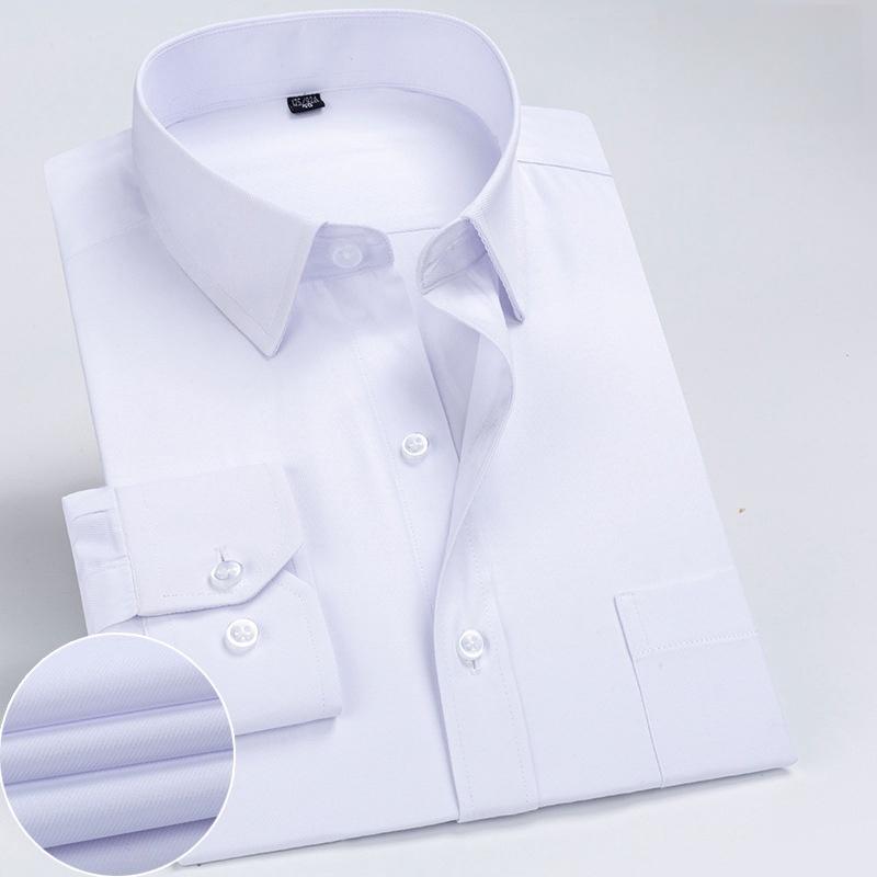 New Men Formal Shirt Long Sleeve Office Solid Color Striped Anti-Wrinkle Fashion Business Pocket White Social Pocket Shirt S-7XL