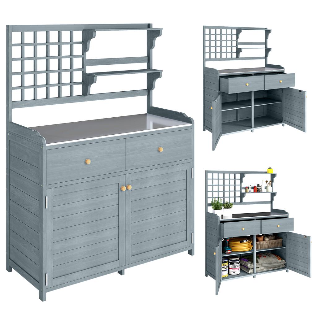Pflanztisch mit Unterschrank Outdoor Holz Gartenschrank mit verzinkter Arbeitsplatte 2 Schubladen 104x44x140 cm Hellgrau