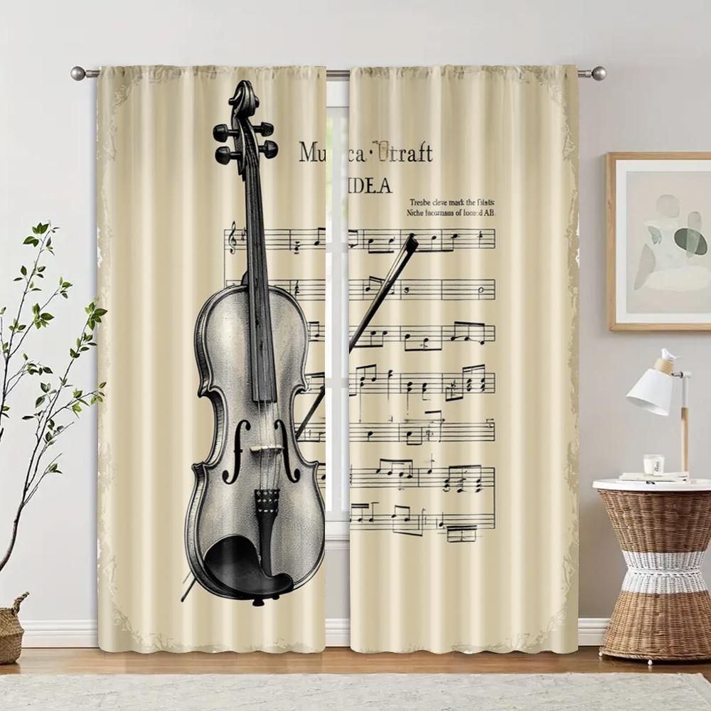 2pcs   Curtain Set Classic Violin & Sheet Music Design Machine Washable Polyester (without rod) Versatile All for Bedroom   Living