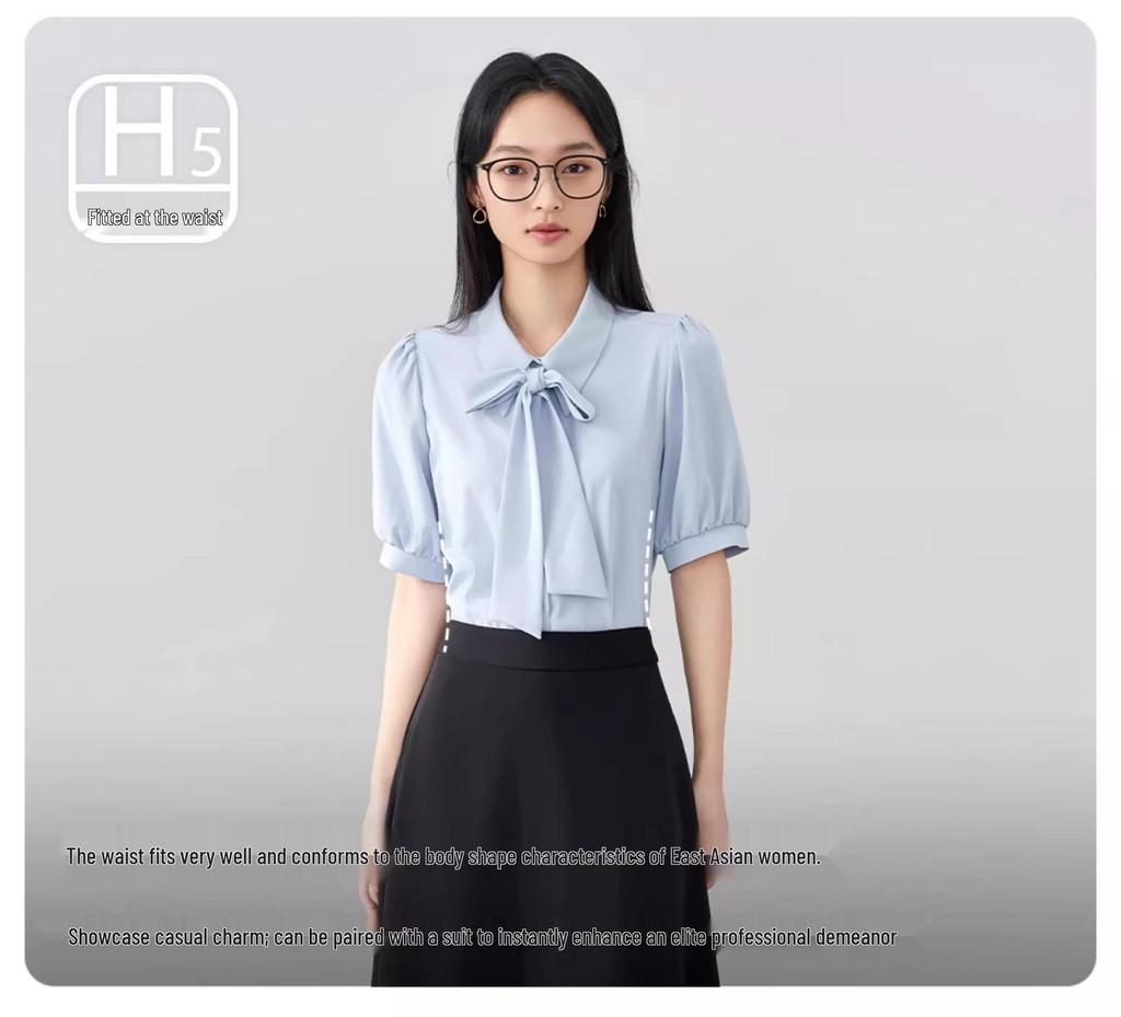 White Bow Short-Sleeve Women's Chiffon Top - Perfect for Professional Summer Wear and Interviews