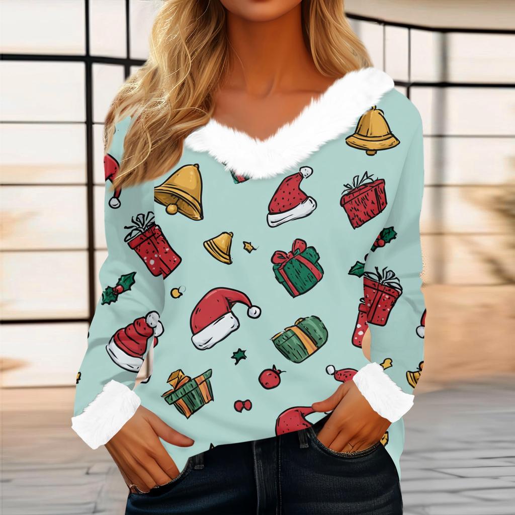 Women's Casual Fashion Long Sleeve Christmas Printed Flannel Collar Top