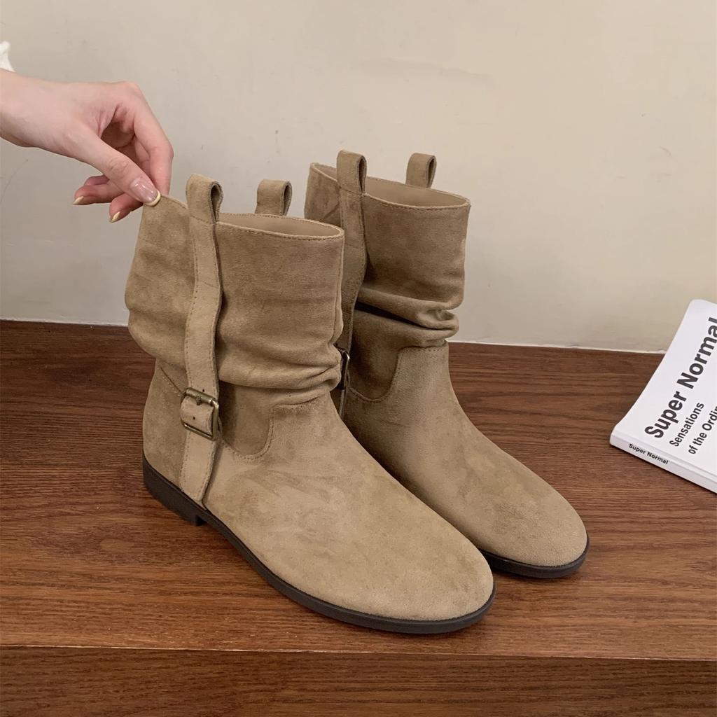 Flat Bottom Pleated Suede Pile Boots Women's Vintage Western Cowboy Medium Boots Martin Boots Autumn/Winter Chelsea Short Boots