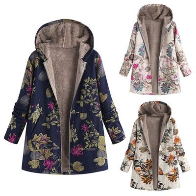 Winter Fashion Floral Leaf Print Fleece Lining Women Long Sleeve Hooded Coat