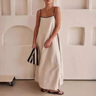 Women Robe Dress Sleeveless Solid Backless Low-cut Square Neck Spaghetti Strap Lace-up Loose Color A-line