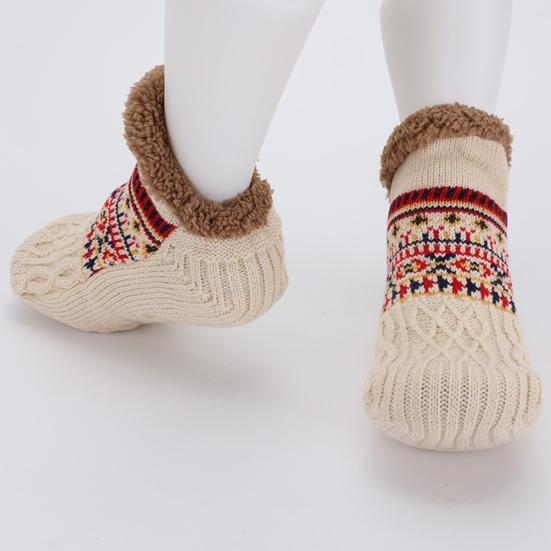 1 Pair Floor Socks Thickened Fleece-Lined Silicone-Dot Sole Slip-Resistant Traction Quiet Walking Socks with Jacquard Accents
