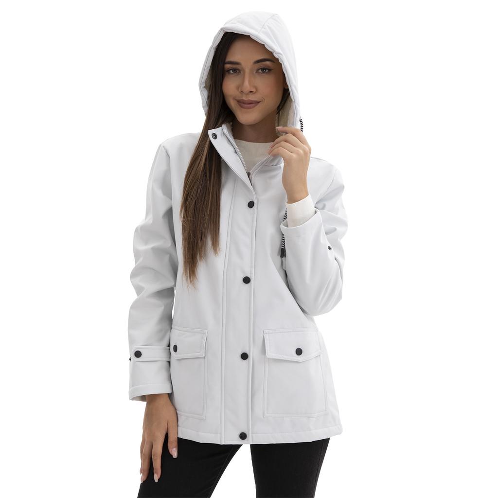 Women's Long Sleeve Hooded Jacket Solid Color Zip Up Fleece Lined Water Resistant Windbreaker Outerwear Coat