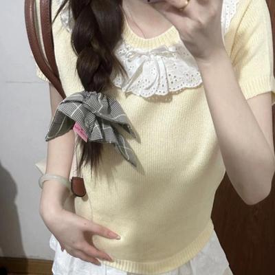 Lace Lace Bow Top Women's Summer French Sweet Knitted Short Sleeved Shirt
