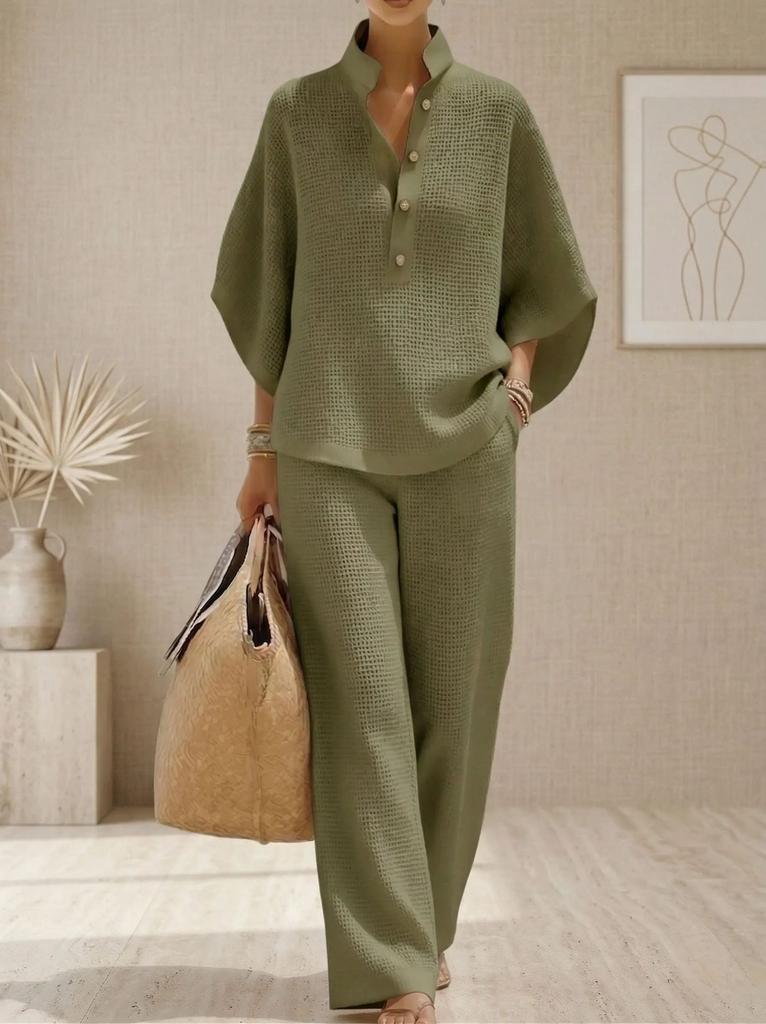 2026 European and American Cross-border Women's Clothing Casual Loose Breathable Solid Color Button-up Shirt Top Wide-leg Pants Set Summer