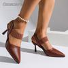 Fashion Elegant Rose Red High Heel Sandals for Women Pu Leather Thin Heels Dress Party Shoes Plus Size Elastic Band Pointed Toe Sandals