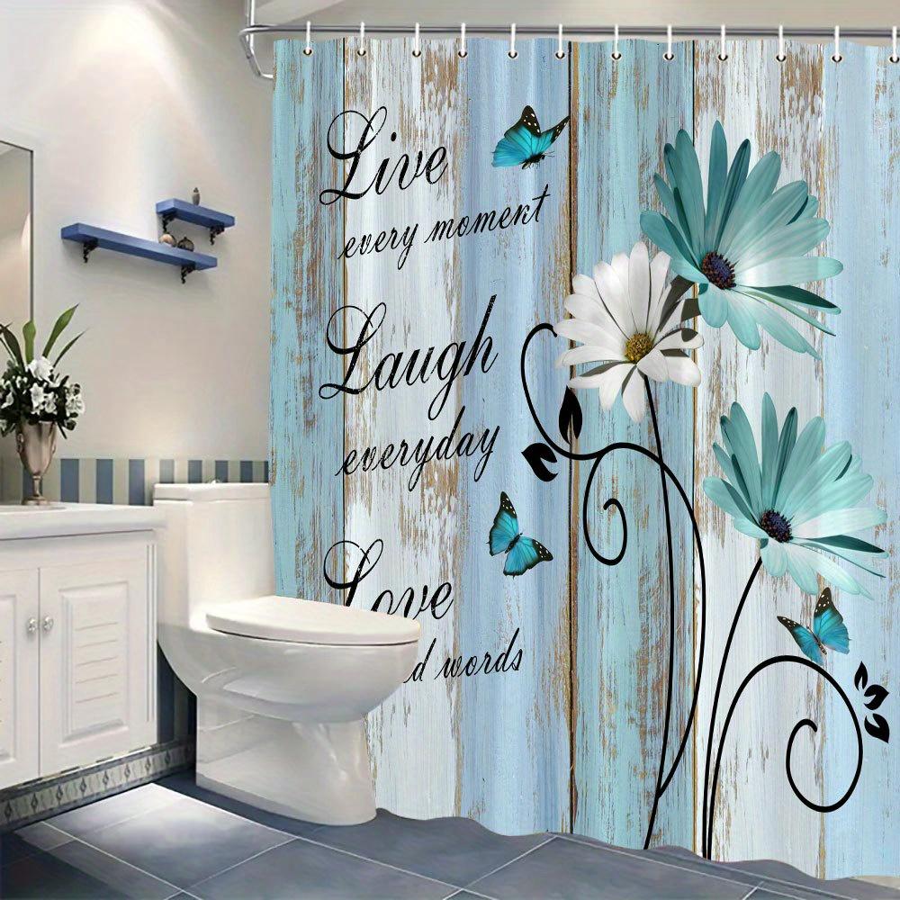 "Daisies & Butterflies Curtain - Live Every Moment Quote, Distressed Blue, Polyester, 12 Hooks, 70In, Machine Washable"
