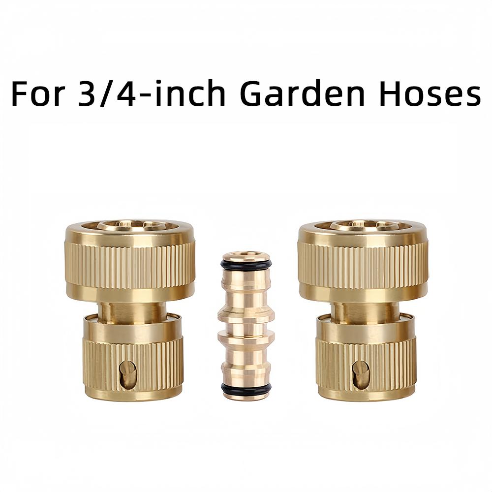 3/4  Brass Hose Quick Connect Set - Universal Garden Connectors Kit with 2 Quick Connectors & 1 Hose Repair Connectors Fitting