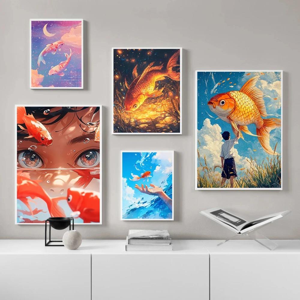 Classic Surreal Golden Koi Fish Posters Fishes Swimming Anime Art Prints Canvas Painting Wall Pictures Home Living Room Decor
