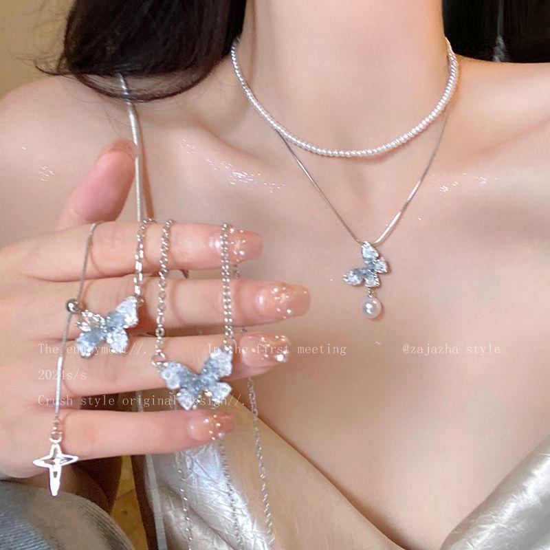 Ice Crystal Gradual Change Color Pearl Butterfly Fringed Necklace Female Summer Exquisite Premium Collarbone Chain Sweet Cool Babe Necklace