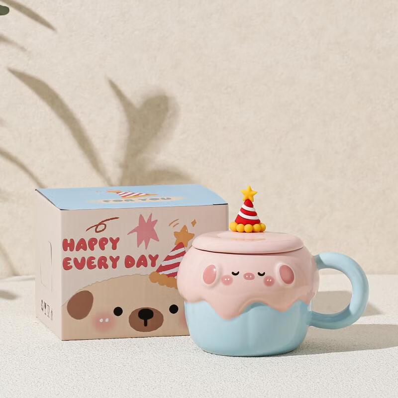 OLOEY Birthday Cupcake Ceramic Mug with Lid