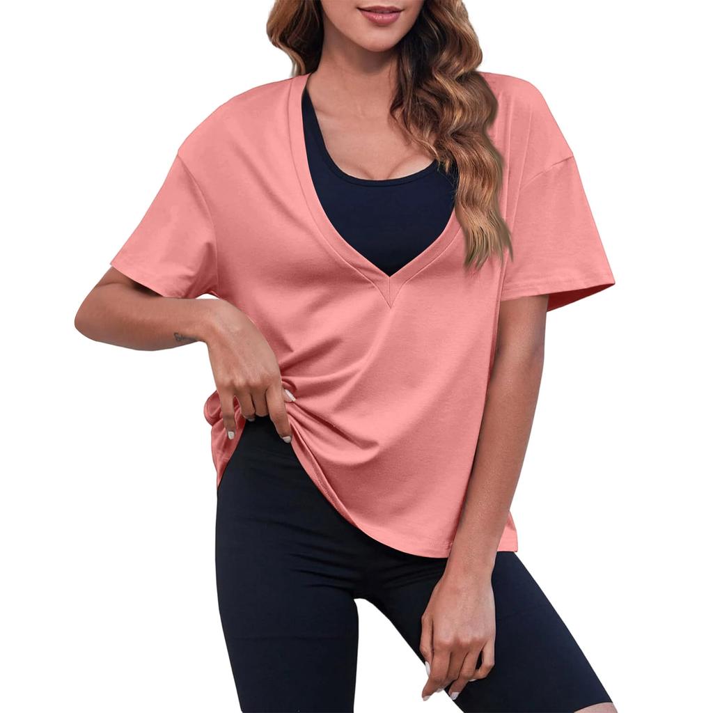Women's New Summer Color Sexy Deep V-Neck T-Shirt Short Sleeve Casual Loose Basic Top