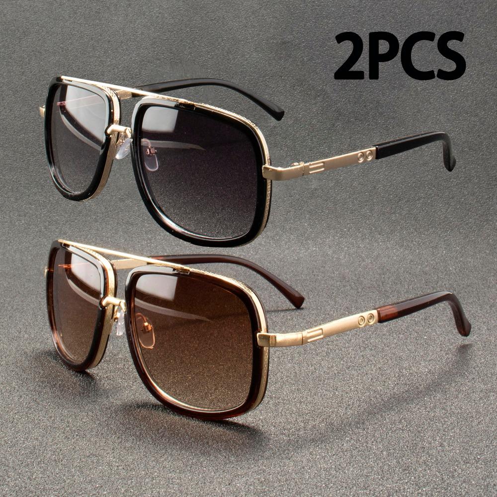 2PCS Fashion Big Frame Sunglasses Men Square Metal Sun Glasses Women Retro  Sun Glasses Vintage High Quality