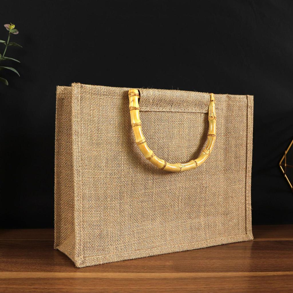 Bamboo Handle Jute Tote Bag - Retro Burlap Shopping & Gift Bag for Tea Storage