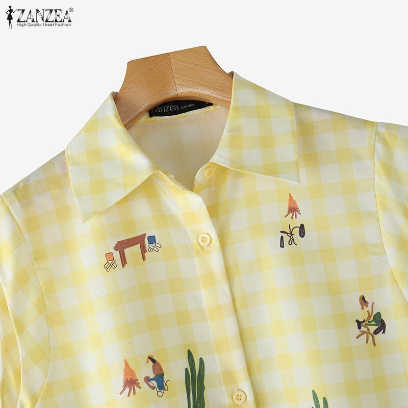 ZANZEA Women Casual Turn Down Collar Loose Short Sleeve Print Blouse