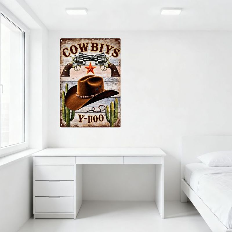 Vintage Cowboy Metal Tin Sign with Revolvers, Hat, Cacti - Western Themed Wall Decor for Man Cave Bar Cafe Home Decoration