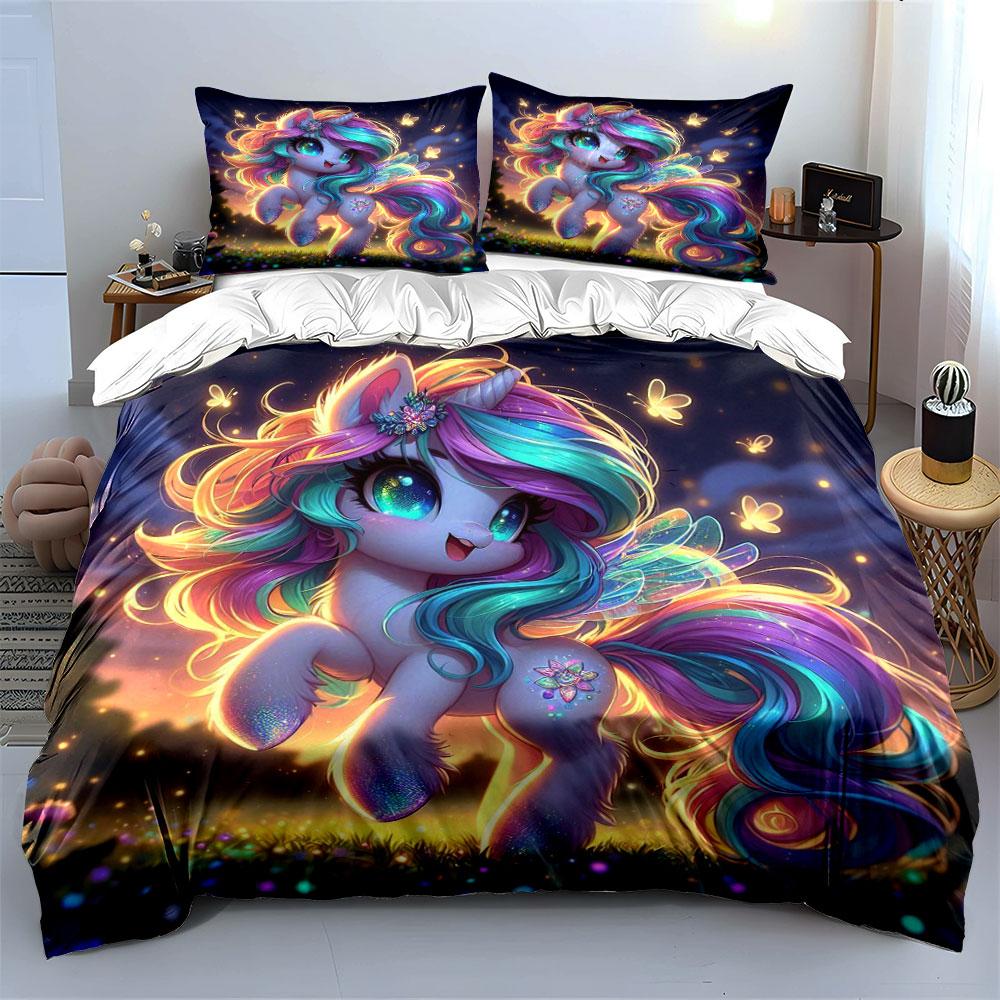 Enchanted Glowing Unicorn Flying At Night Printed Duvet Cover Set1 Duvet Cover+2 Pillowcasemulti Size Bedroom Bedding Decor