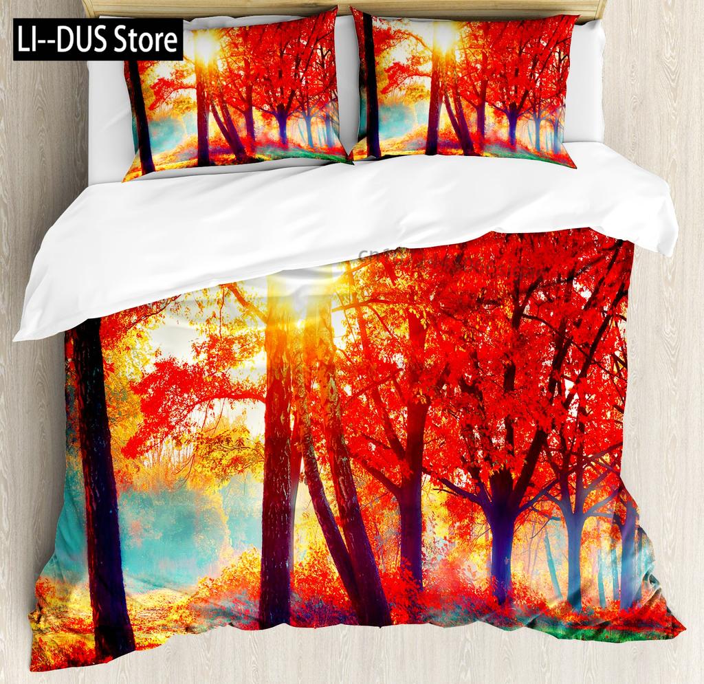 Autumn Pumpkin Duvet Cover Full Size 3 Pcs Watercolor Orange Maple Leaves Bedding Set For Kids Teens Adults With 2 Pillowcases