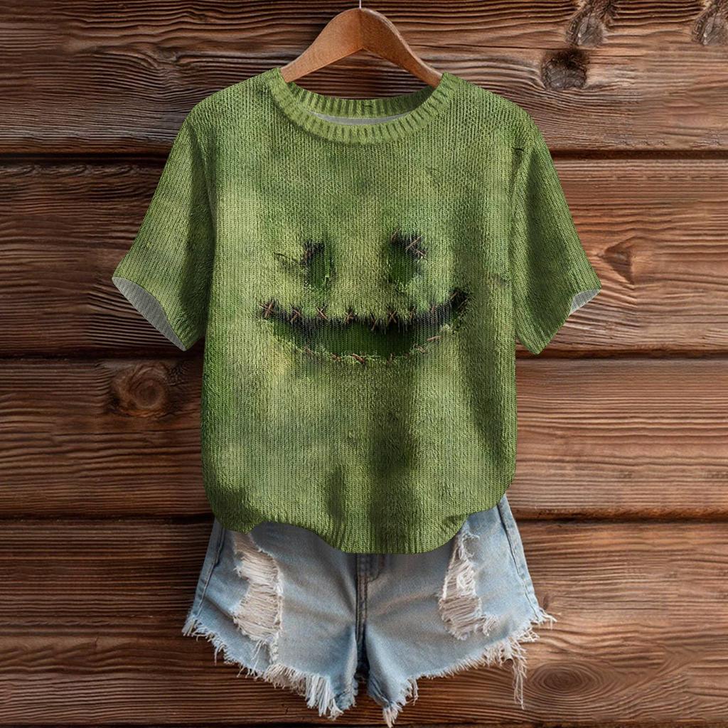 Women's Cute Sweater Knitted Fashion Casual Round-neck Short-sleeved  Cozy Print Top