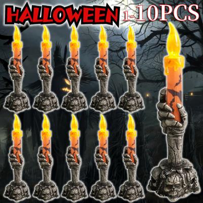 1-10PCS Halloween Skull Candle Holder LED Light Skeleton Ghost Hand Flameless Candle Light Party Bar Decoration Decorative