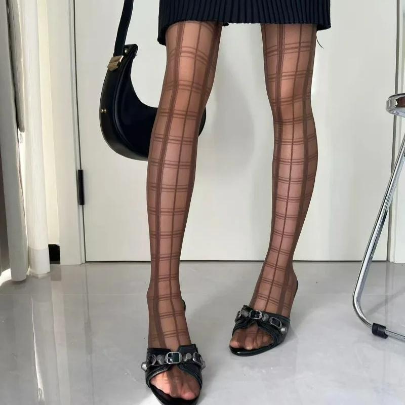 

Black White Plaid Pattern Tights Pantyhose Thigh High Stockings Women Sexy Lingerie Y2k Slim Stockings JK Girls Tights Socks One Size