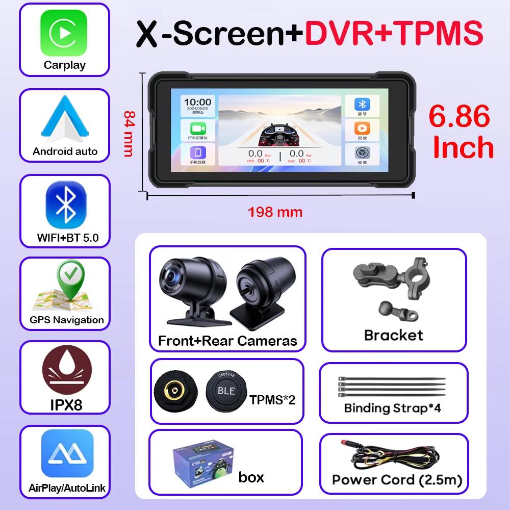 6.86 Inch Portable GPS Navigation Motorcycle Waterproof Display Moto Wireless Carplay Android Auto Dual DVR Monitor Dash Cam