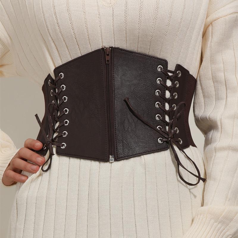 Fashion PU Leather Wide Belt Corset Lady Women Black Slim Body Front Zipper Bandage Waistband Elastic Decor Dress Suit Straps