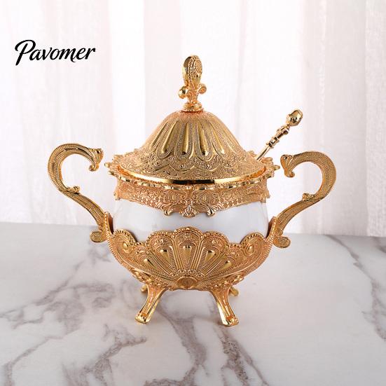 Sugar Bowl with Lid And Spoon Seasoning Jar Spoon, European Style Metal Durable Spice Container Container, Decorative for Kitchen Countertop
