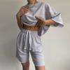 Street Style New Casual Outfit For Women, Short-Sleeved Round-Neck Loose Top + Tie Shorts Two-Piece Set