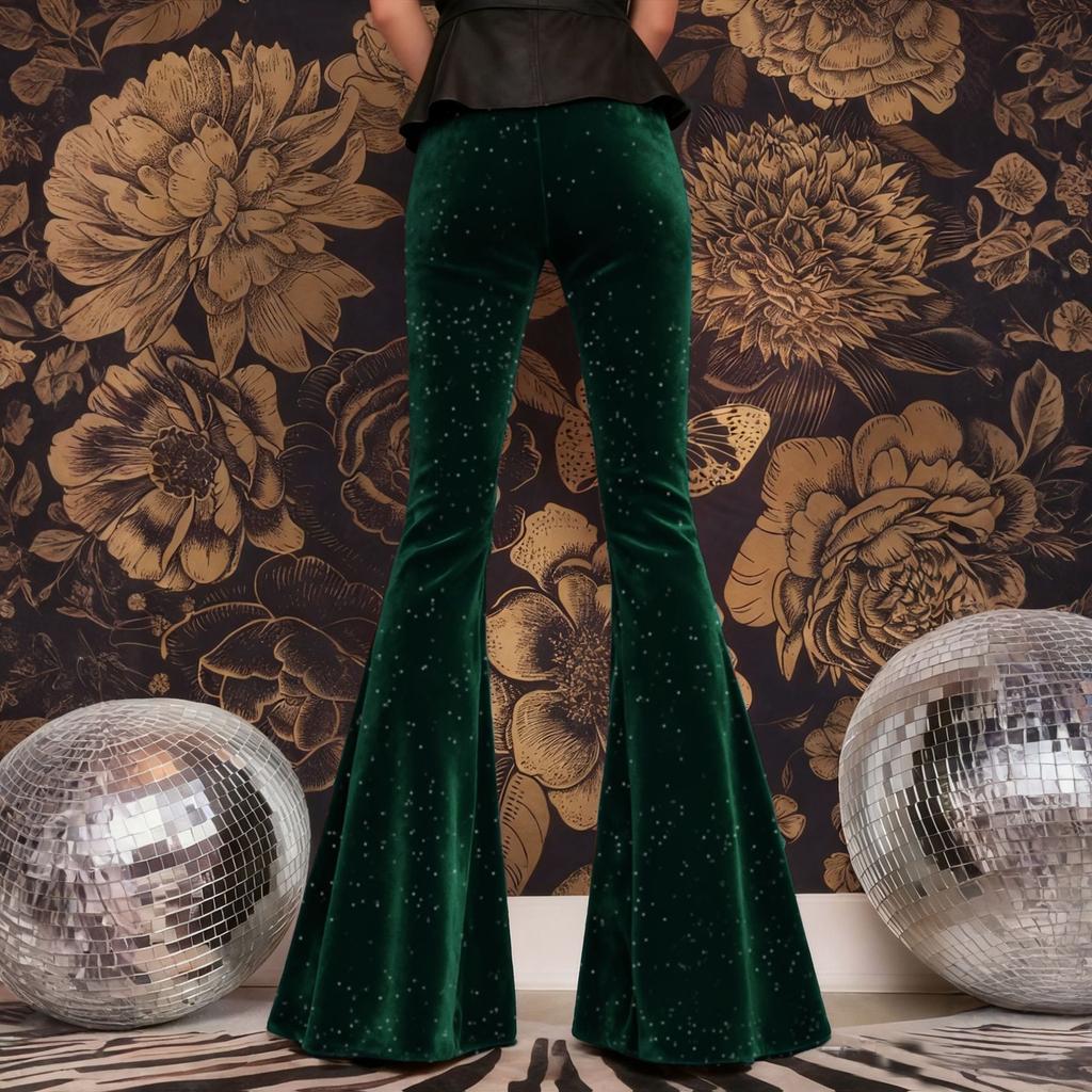 Pantaloni a zampa vintage alla moda da donna, tinta unita, vita alta, elasticizzati, casual, a campana