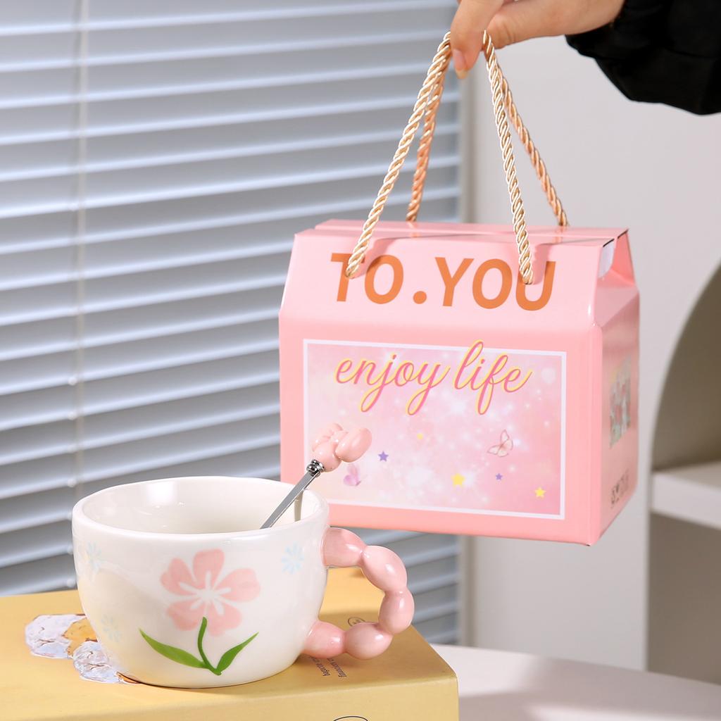 Kreative Frühstückstasse Handbemalte Blumen Keramiktasse mit Löffelset Müslischale Becher Ins-Stil