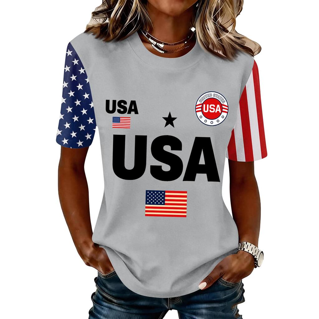 Blusa Feminina da Moda Casual de Manga Curta com Estampa e Gola Redonda