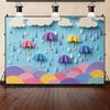 Fondo de banner con tema de gotas de lluvia y paraguas 3D, accesorios para sesión de fotos en estudio, póster de jardín de infantes, accesorios para fiesta de cumpleaños infantil