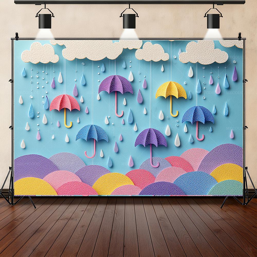 Fondo de banner con tema de gotas de lluvia y paraguas 3D, accesorios para sesión de fotos en estudio, póster de jardín de infantes, accesorios para fiesta de cumpleaños infantil