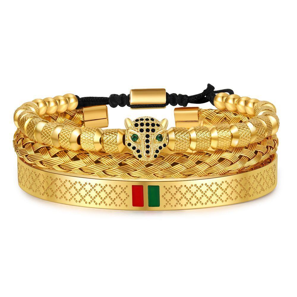 Hip Hop Leopard Head Zircon Copper Stainless Steel Bracelets Set For Men And Women