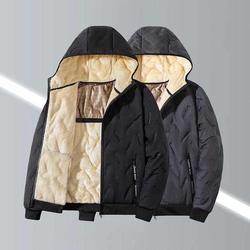 Men's Lambswool Winter Hooded Jacket and Cotton Pants Set - Plus Velvet, Thick, and Large Size.