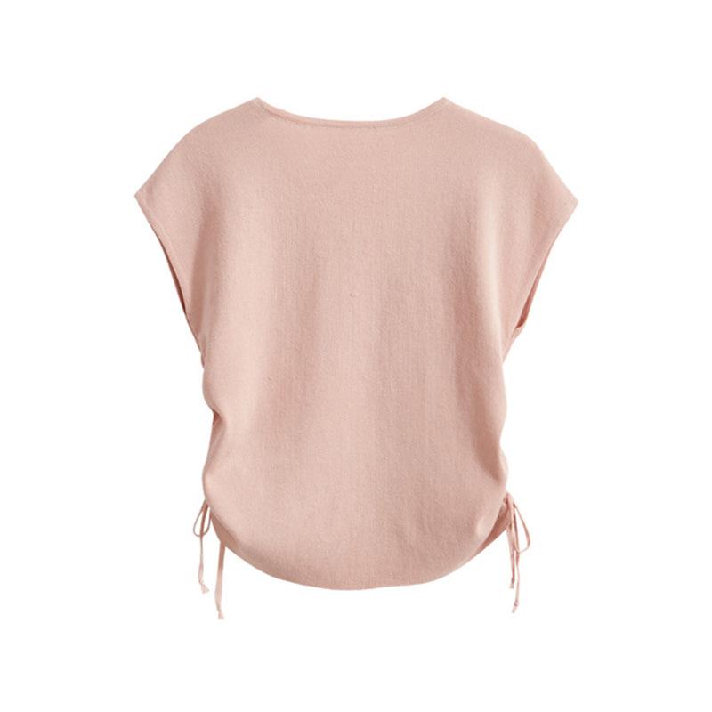 Französischer Eis-Seiden-Strickpullover Damen Sommer Neu V-Ausschnitt Kordelzug Figurbetont Dünnes T-Shirt Ärmelloses Top
