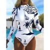 Maiô Feminino de Manga Longa Peça Única com Zíper Frontal Estampa Composta Texturizada Rash Guard Roupa de Banho para Surfe
