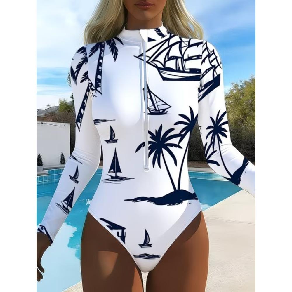 Maiô Feminino de Manga Longa Peça Única com Zíper Frontal Estampa Composta Texturizada Rash Guard Roupa de Banho para Surfe
