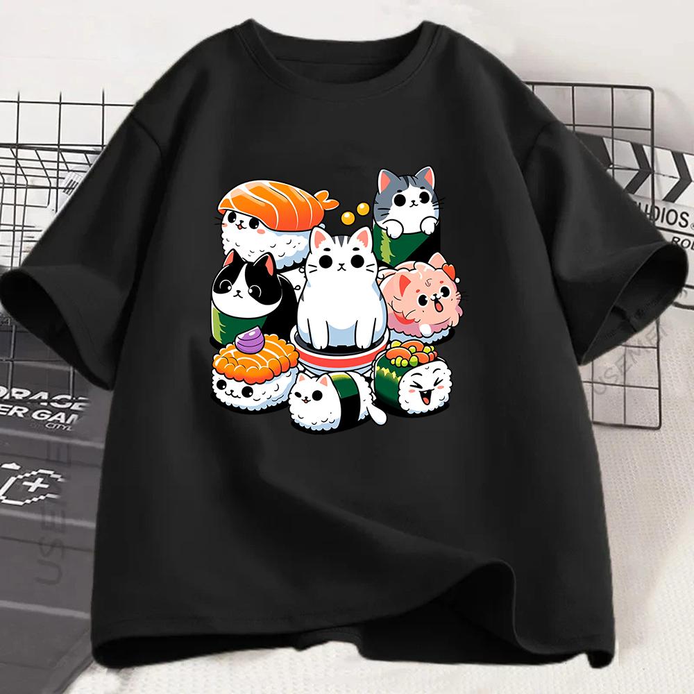 Cute Sushi Cat Graphic T Shirt Kawaii Anime Kitten Print Tee Summer Casual Japanese Food Harajuku Short Sleeve Unisex Tshirt