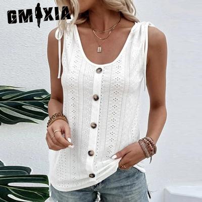 Summer Women's Wear Women's Hollow-out Drawstring Sleeveless Button Straps