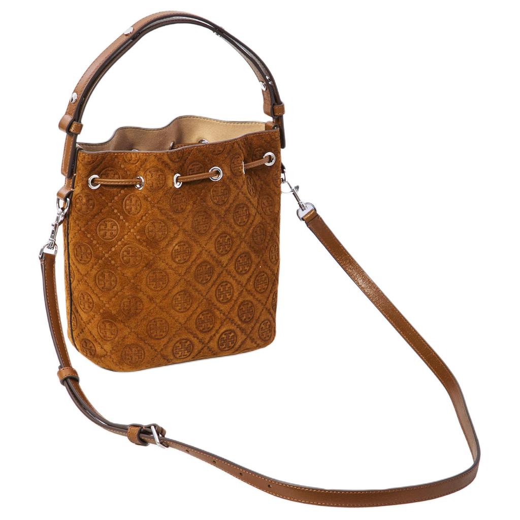 Tory Burch T Monogram Leather Top Handle Bucket Bag With Detachable Adjustable Shoulder Strap Drawstring Closure Logo Details 178210-200