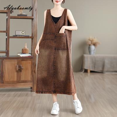 Stile Coreano Taglie Forti Primavera Estate Donna Vestito Estivo Scollo a V Denim Marrone Senza Maniche Canotta Vestito Vintage Casual Largo Base Donna Vestito Midi