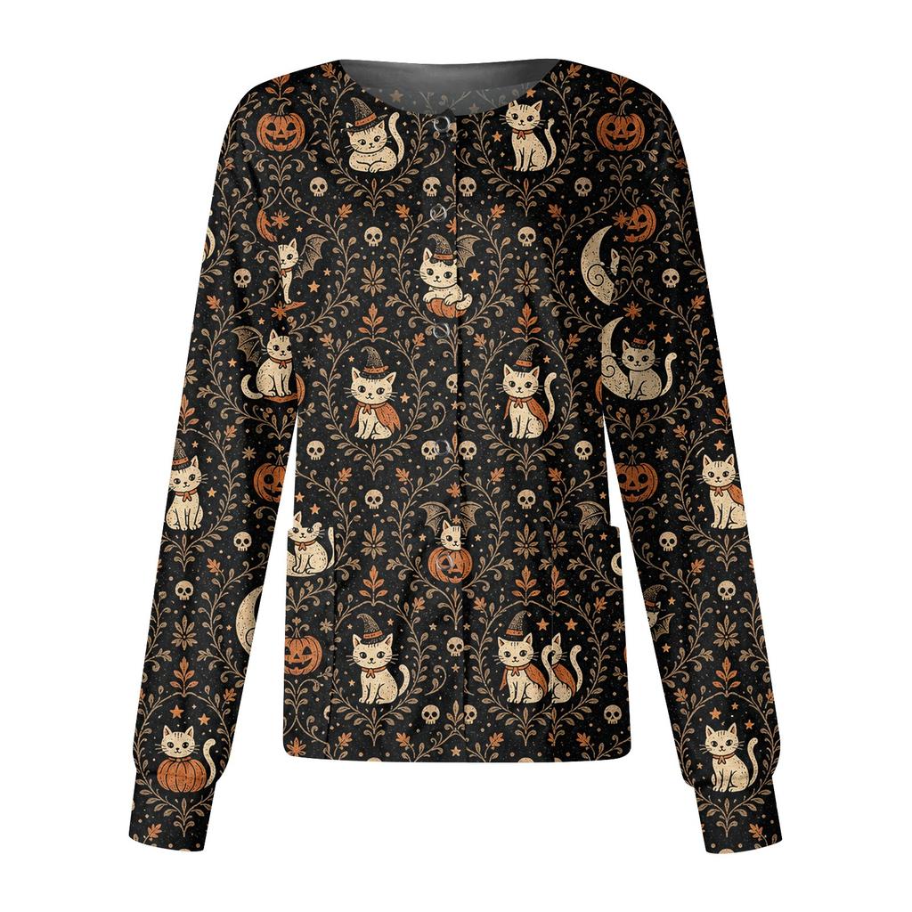 Women's Halloween Print Casual Long Sleeve Single Breasted Caregiver Cardigan Top Lightweight Comfortable Fit