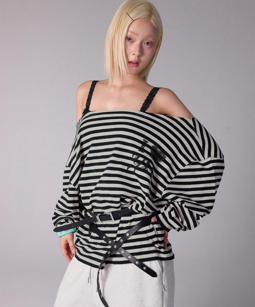 YOUHEE Stripe Off-Shoulder Long Sleeve_Black