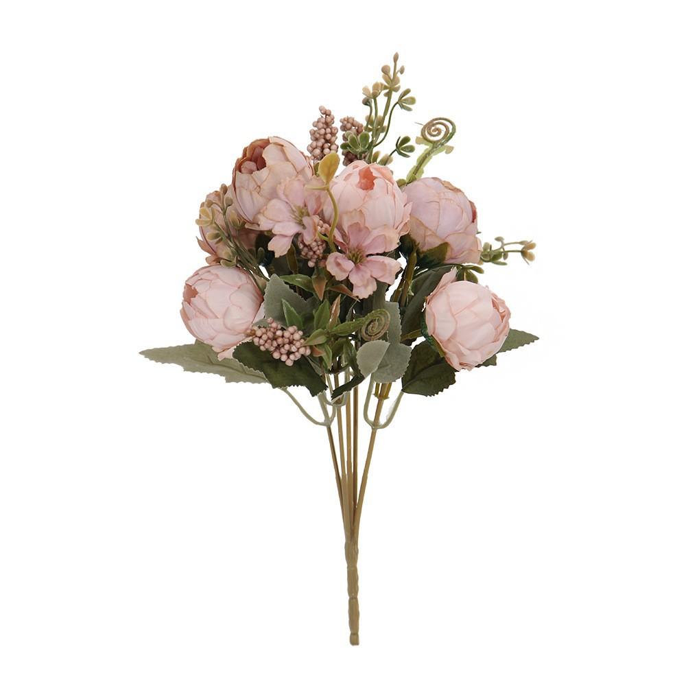 Blush Pink Artificial Peony Bouquet, Fake Silk Flowers with Greenery for Home Wedding Decor