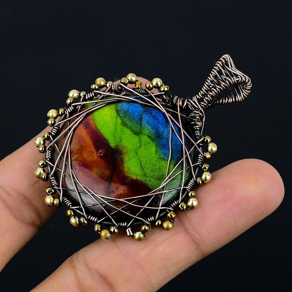 Color Labradorite Pendant Gemstone Handmade Jewelry, 999 Copper Wire Wrapped Pendant, Gift For Wife Jewelry